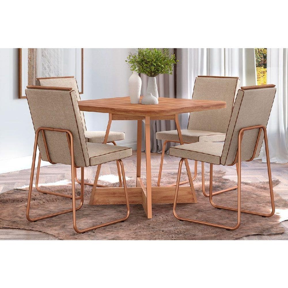 Conjunto: Mesa Sala Jantar Átria 1593 Aço c/ Tampo Madeirado 90x90cm e 4 Cadeiras Lira Rose/Freijo/Nogal - Rose/Areia - Caramelo - Carraro