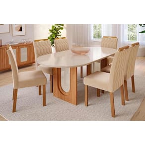Conjunto: Mesa Sala Jantar Valentina Tampo Madeirado Oval c/ Vidro 210x100cm e 6 Cadeiras Paola Cinamomo/Off White - Savana/Nature-Suede Nude - Cimol