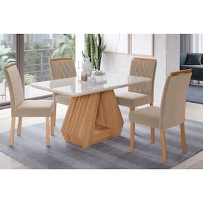 Conjunto: Mesa de Cozinha Ágata Tampo Madeirado c/ Vidro 130x80cm e 4 Cadeiras Juliana Madeirado/ Linho Bege - Cimol