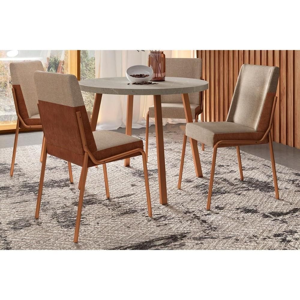 Conjunto: Mesa Sala Jantar Stellar 1599 Aço c/ Tampo Madeirado 100cm e 4 Cadeiras Hug Rose/Petra - Rose/Areia - , Caramelo - Carraro