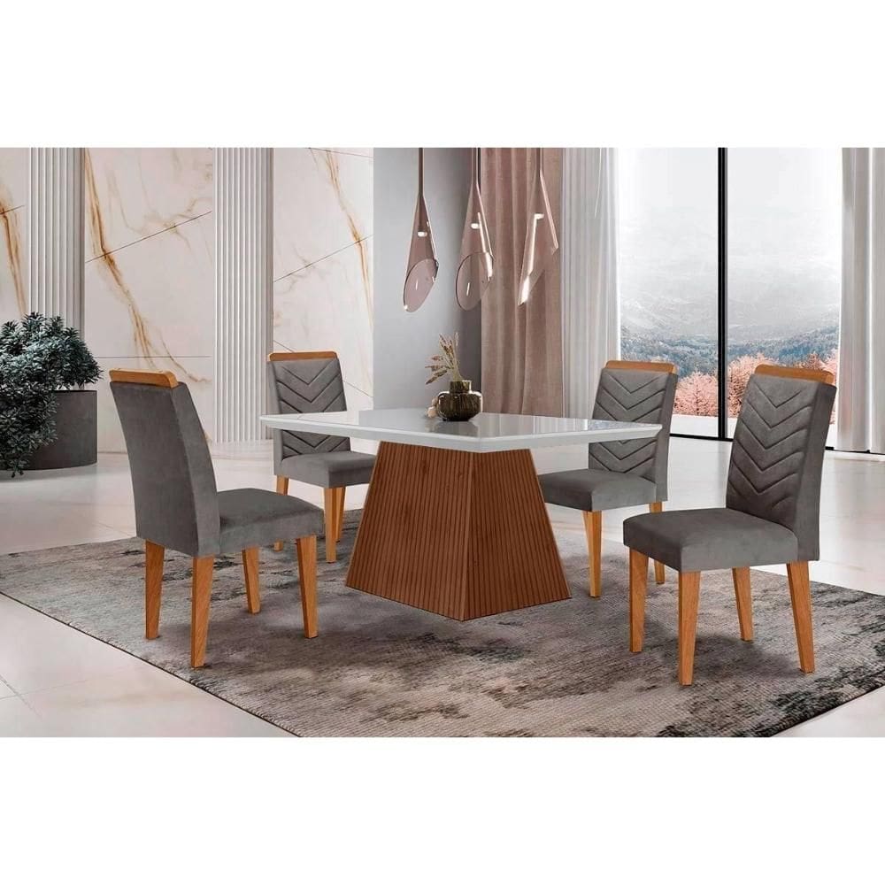 Conjunto: Mesa Sala Jantar Luna c/ Tampo Madeirado c/ Vidro Canto Curvo 120x80cm e 4 cadeiras Londrina Imbuia/Off White - Linho Grafite - Rufato