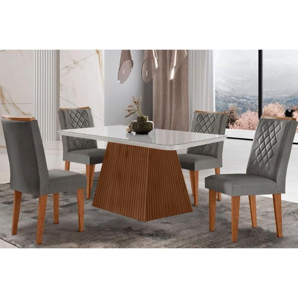 Conjunto: Mesa Sala Jantar Luna c/ Tampo Madeirado c/ Vidro Canto Curvo 120x80cm e 4 cadeiras Jade Imbuia/Off White - Linho Grafite - Rufato