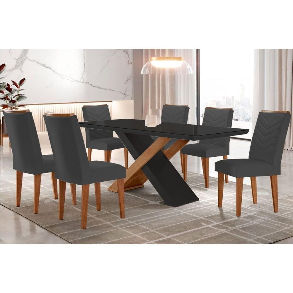 Conjunto: Mesa Sala Jantar Imperatriz Tampo Madeirado c/ Vidro Canto Curvo 180x90 e 6 Cadeiras Londrina Imbuia/Grafite - Suede Grafite - Rufato