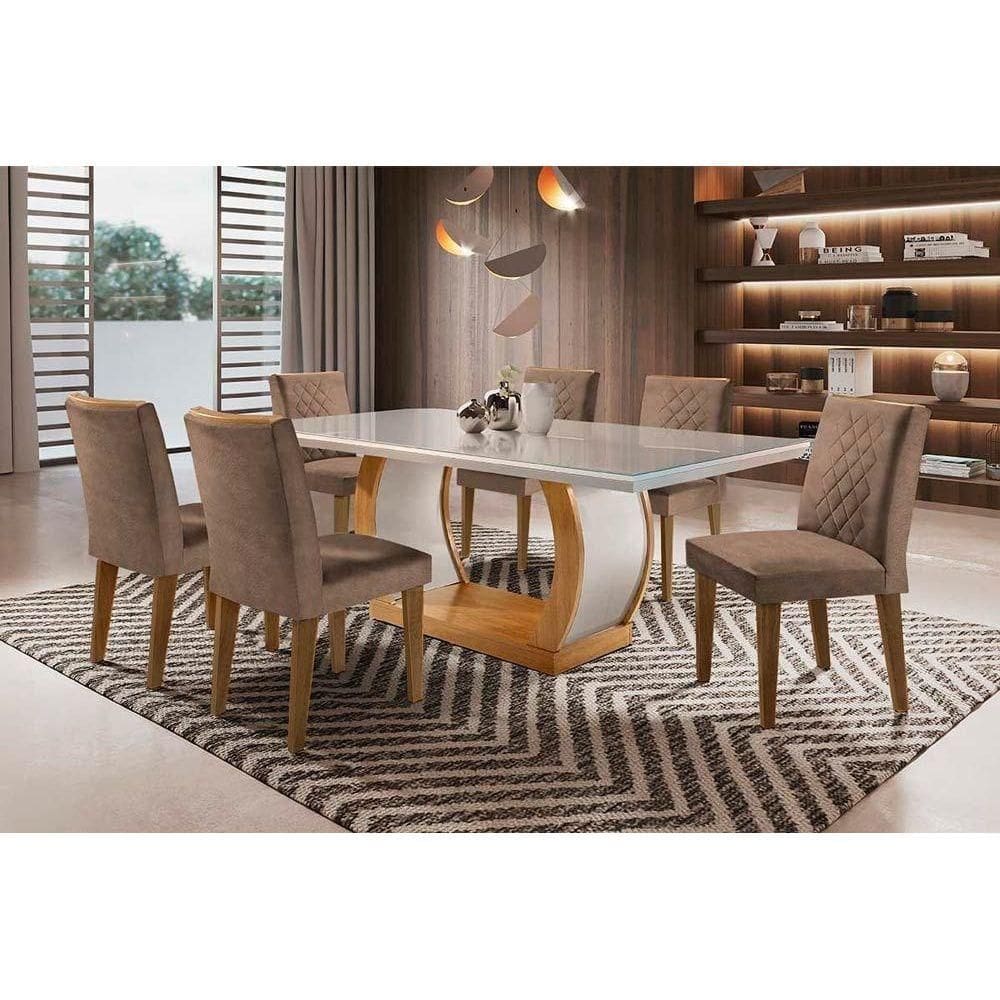 Conjunto: Mesa Sala Jantar Jade Tampo Madeirado c/ Vidro Reto 180x90 e 6 Cadeiras Jade Imbuia/Suede Capuccino - Rufato