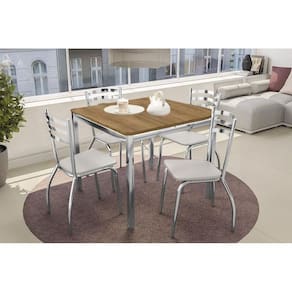 Conjunto: Mesa Sala Jantar Reno c/ Tampo de Madeira 90cm e 4 Cadeiras Portugal Cromada/Branco 106 - Kappesberg