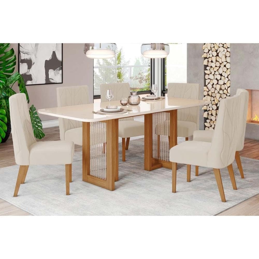 Conjunto: Mesa Sala Jantar Yara c/ Tampo Madeirado c/ Vidro Curvo 200x90cm e 6 Cadeiras Eloa Nature/Suede Light Linho - Henn