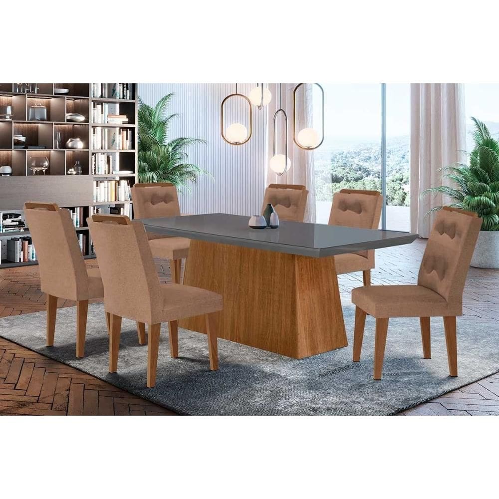 Conjunto: Mesa Sala Jantar Luna c/ Tampo de Vidro Canto Curvo 180x90cm e 6 cadeiras Imperatriz Imbuia/Grafite - Suede Capuccino - Rufato