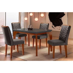 Conjunto: Mesa Sala Jantar Londrina Tampo Madeirado c/ Vidro Curvo 120x80 e 4 Cadeiras Londrina Capuccino/Suede Grafite - Rufato