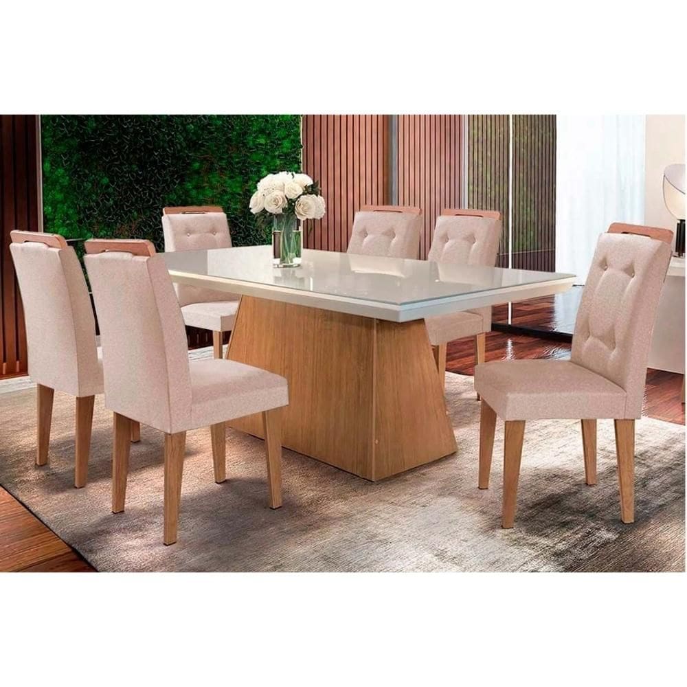 Conjunto: Mesa Sala Jantar Luna c/ Tampo de Vidro Canto Curvo 180x90cm e 6 cadeiras Imperatriz Imbuia/Off White - Suede Creme - Rufato