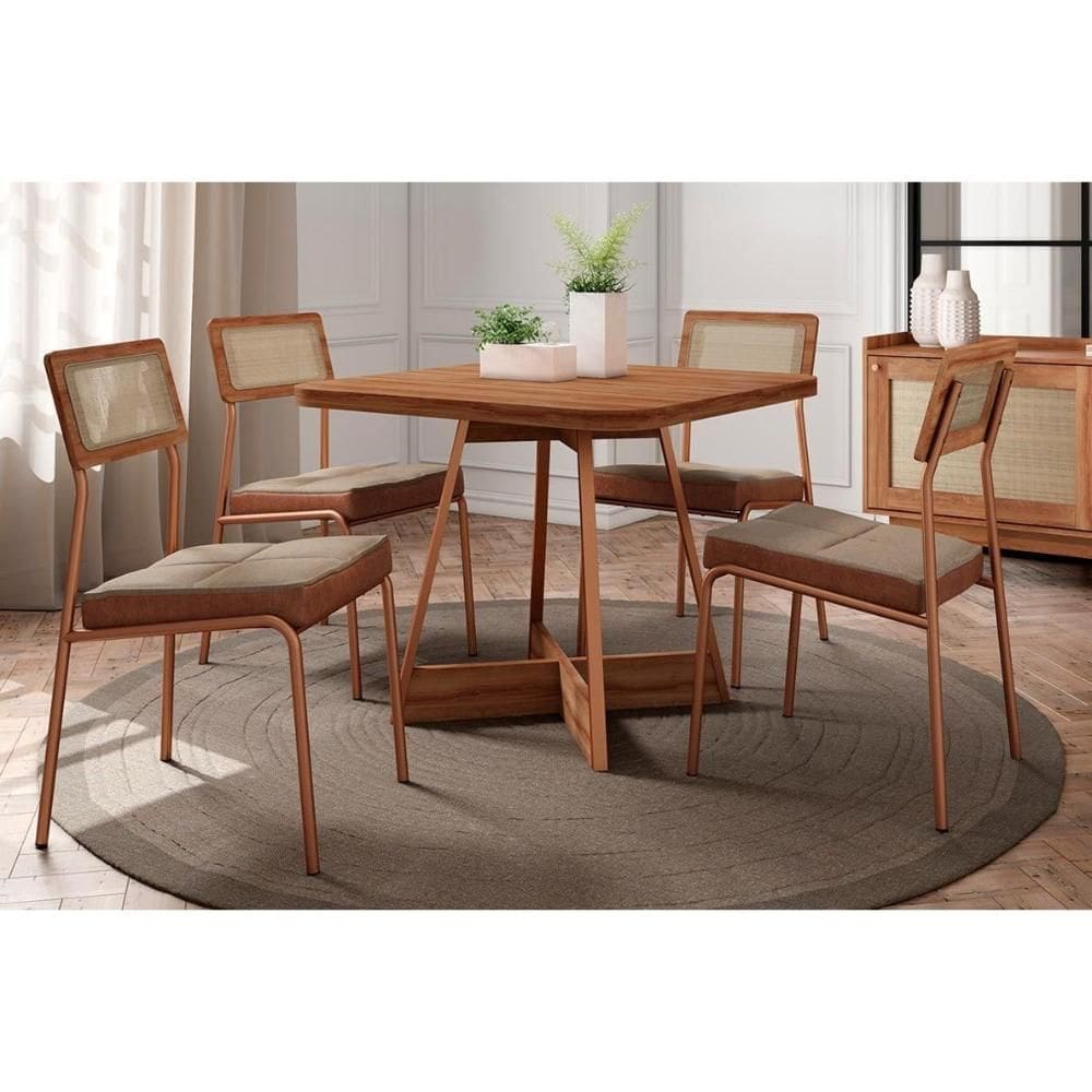 Conjunto: Mesa Sala Jantar Átria 1593 Aço c/ Tampo Madeirado 90x90cm e 4 Cadeiras Lux Rose/Freijó/Nogal - Rose/Areia - Caramelo - Carraro
