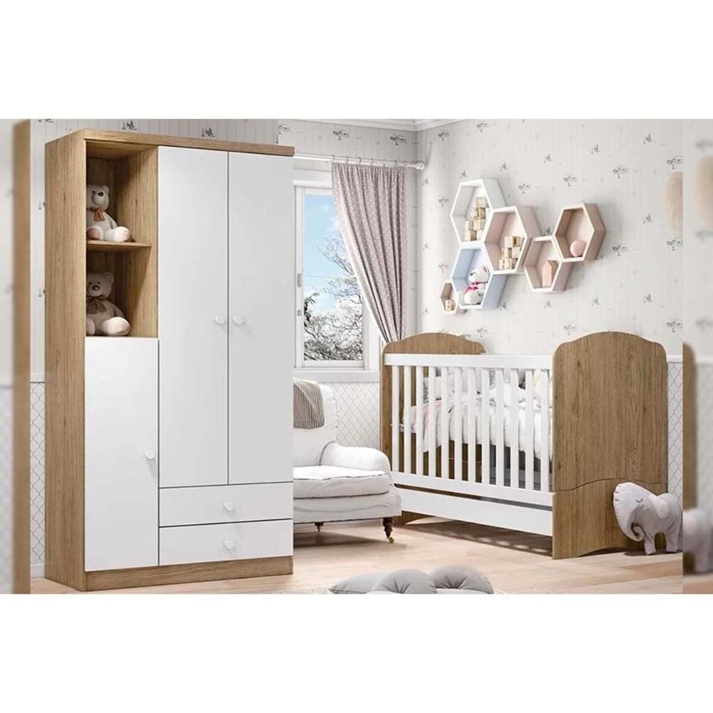 Quarto de Bebê Completo Bala de Menta 2 Peças (1 Guarda Roupa + 1 Berço) QI94 Rústico/Branco - Henn