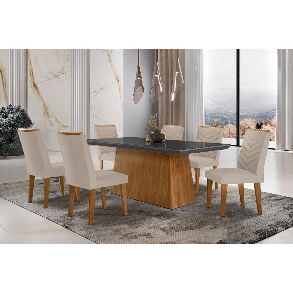 Conjunto: Mesa Sala Jantar Luna c/ Tampo de Vidro Canto Curvo 180x90cm e 6 cadeiras Londrina Imbuia/Grafite - Suede Creme - Rufato