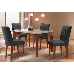 Conjunto: Mesa Sala Jantar Londrina Tampo Madeirado c/ Vidro Curvo 120x80 e 4 Cadeiras Londrina Capuccino/Suede Grafite - Rufato
