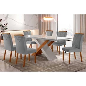 Conjunto: Mesa Sala Jantar Imperatriz Tampo Madeirado c/ Vidro Reto 180x90 e 6 Cadeiras Amsterdã Imbuia/Off White - Suede Grafite - Rufato