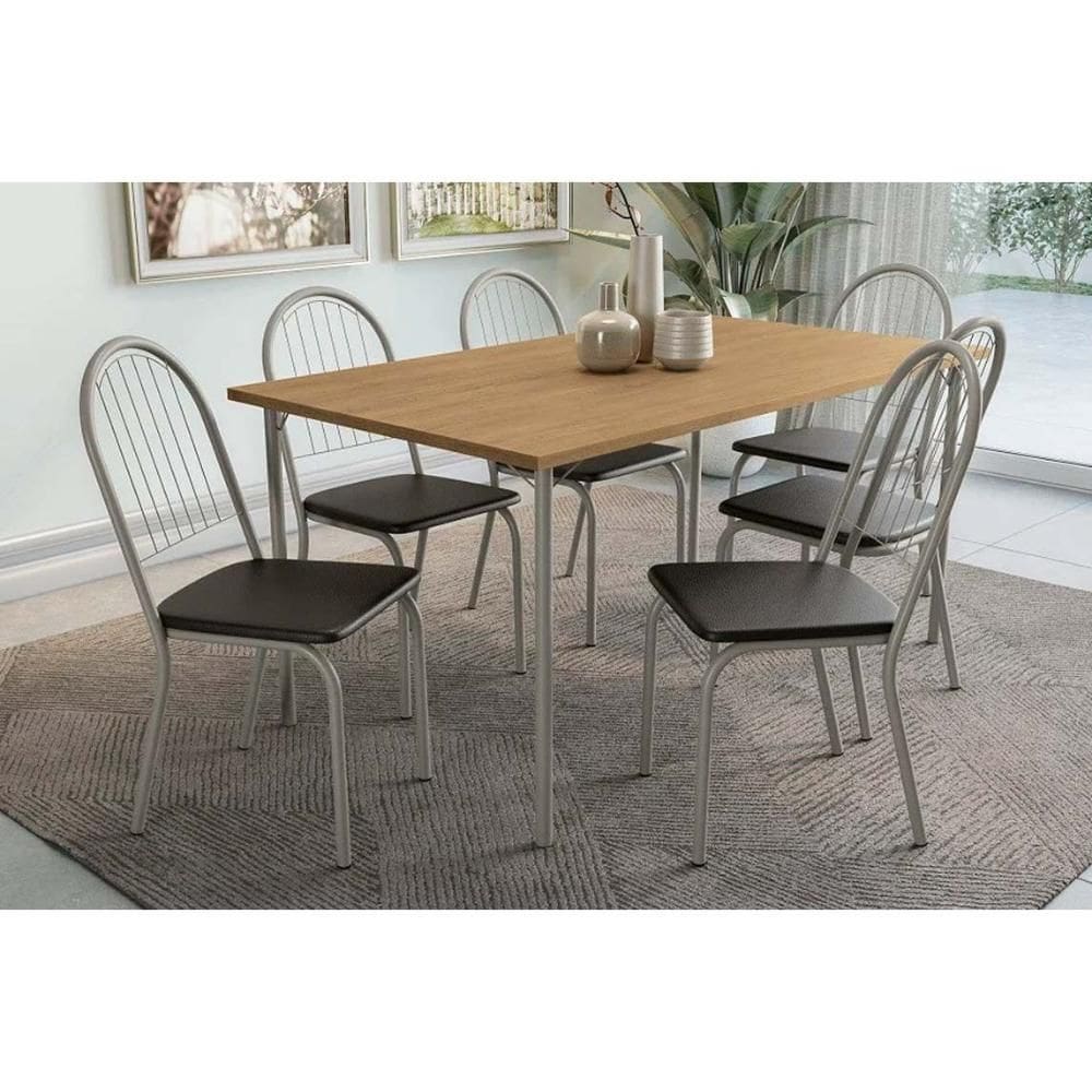 Conjunto: Mesa de Cozinha Sena Tampo Madeirado 90x160cm e 6 Cadeiras Noruega Niquel/Nogueira - Preto - Kappesberg