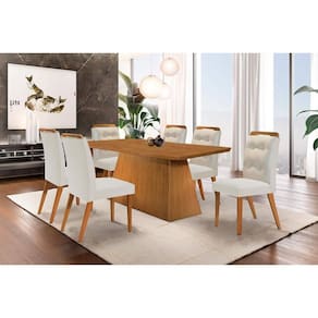 Conjunto: Mesa Sala Jantar Luna c/ Tampo Madeirado Canto Curvo 180x90cm e 6 cadeiras Imperatriz Imbuia-Capuccino/Suede Creme - Rufato