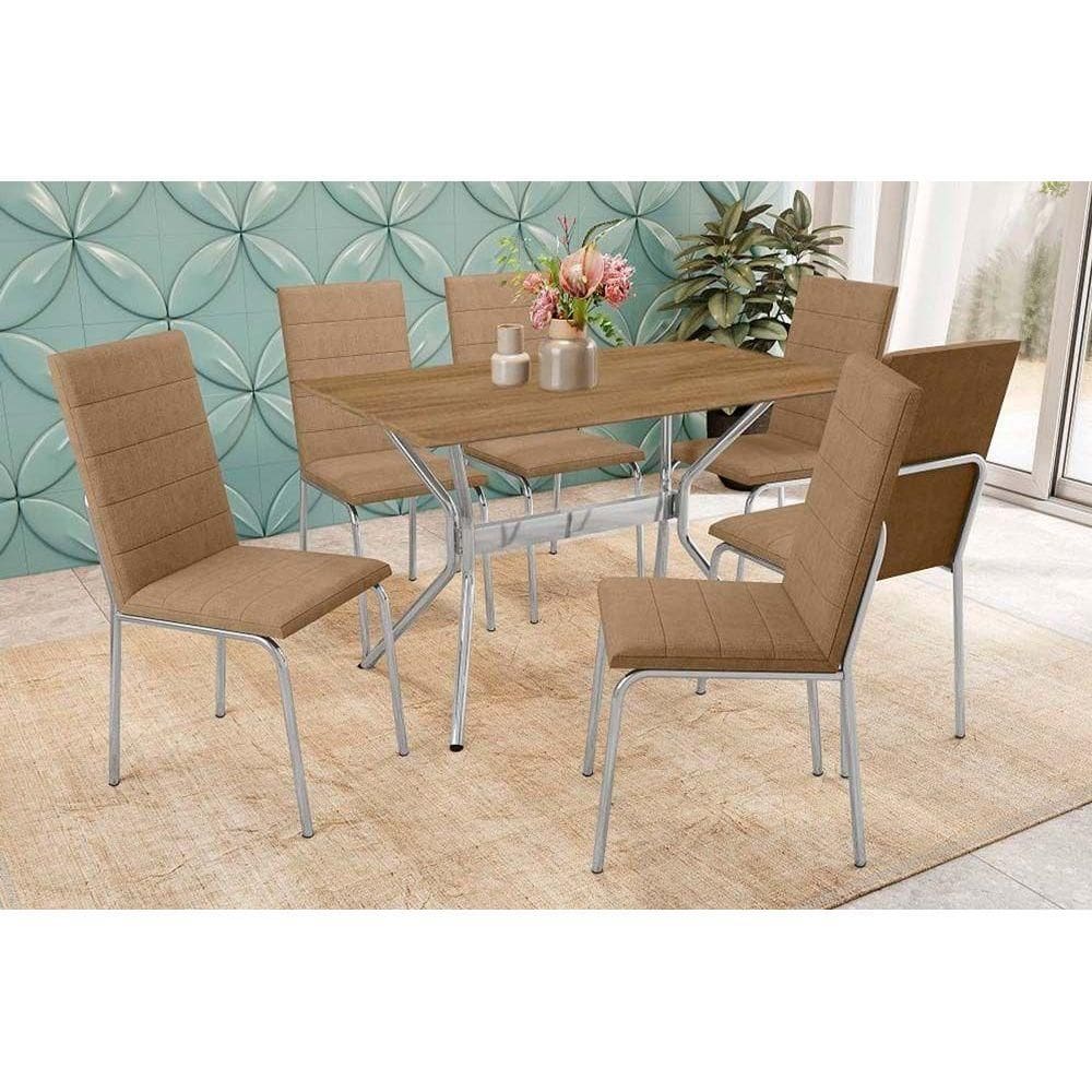 Conjunto: Mesa Sala Jantar Loire c/ Tampo de Madeira 160cm e 6 Cadeiras Amsterdã Cromada/Capuccino - Kappesberg