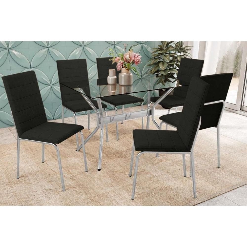 Conjunto: Mesa Sala Jantar Loire c/ Tampo de Vidro 120x80cm e 6 Cadeiras Amsterdã Cromada - Preto - Kappesberg