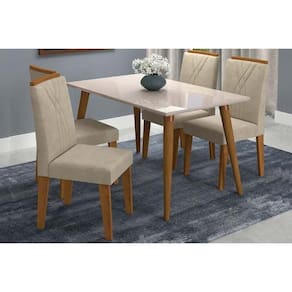 Conjunto: Mesa Sala Jantar Adele Madeira Maciça Tampo Madeirado c/ Vidro 130X80cm e 4 Cadeiras Nicole Madeirado/Off White- Suede Nude Bege - Cimol