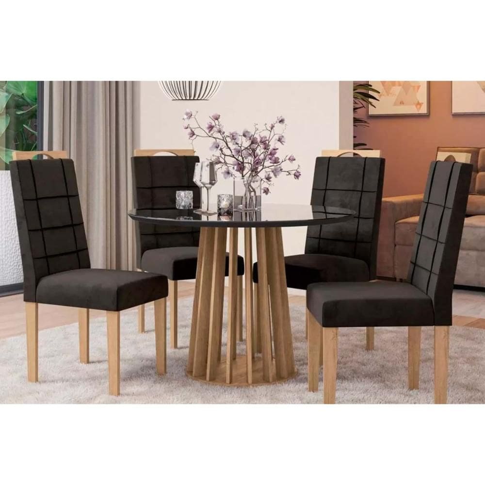 Conjunto: Mesa de Cozinha Lavanda Tampo Madeirado c/ Vidro 105x105cm e 4 Cadeiras 2CAD150 Nogueira/Preto fosco/Vidro preto - Eucalipto/V - Kappesberg