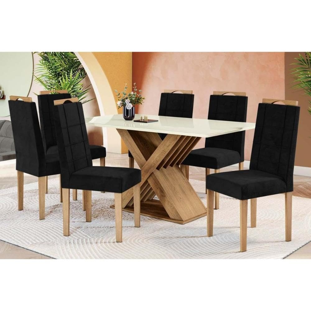 Conjunto: Mesa de Cozinha Graviola Tampo Madeirado c/ Vidro 90x180cm e 6 Cadeiras 2CAD150 Nogueira/Off White/Vidro Off White - Eucalipto - Kappesberg