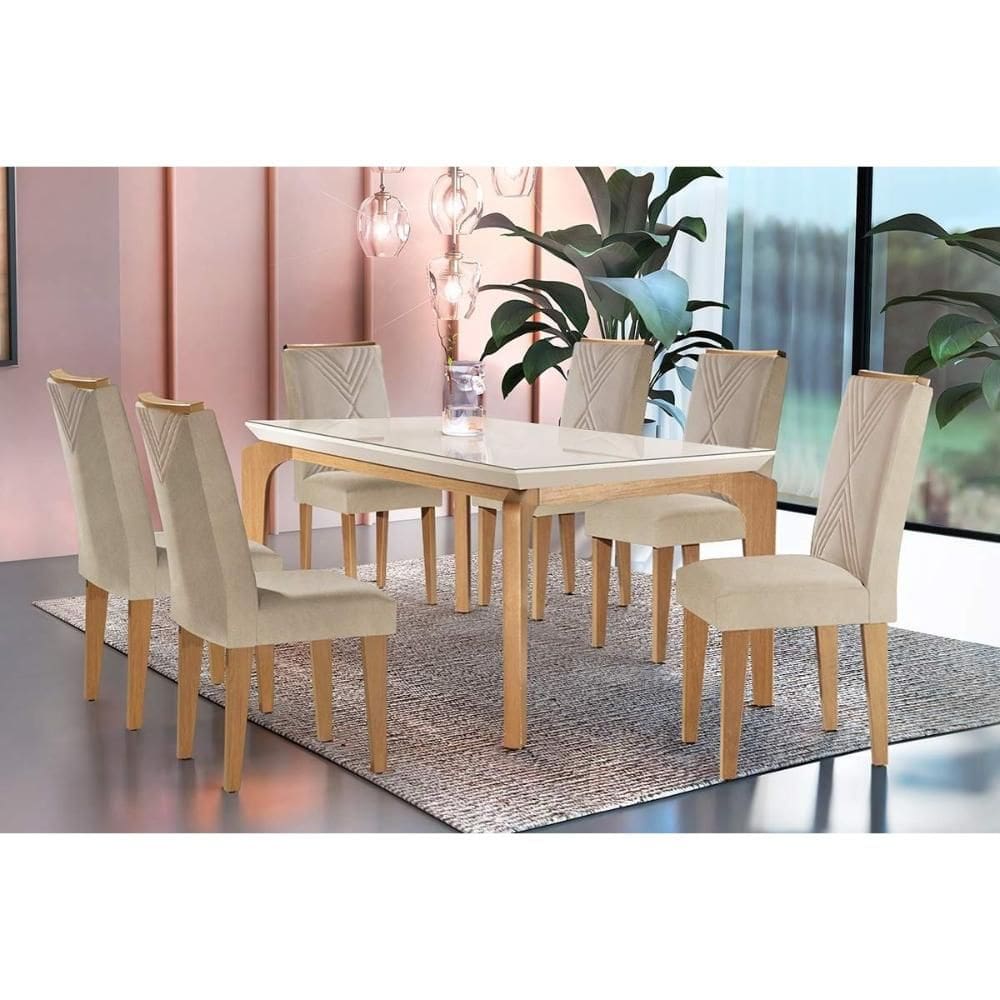 Conjunto: Mesa Sala Jantar Londrina c/ Tampo Madeirado c/ Vidro Canto Curvo 180x90cm e 6 cadeiras Amsterdã Imbuia/Off White - Suede Creme - Rufato