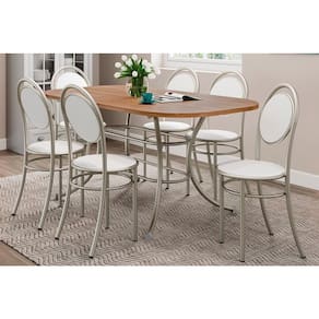 Conjunto: Mesa Sala Jantar 1547 Aço c/ Tampo Madeirado 160x90cm e 6 Cadeiras 190 Prata/Freijó -Prata/Branco - Carraro