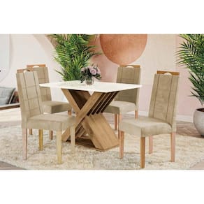 Conjunto: Mesa Sala Jantar Graviola Tampo Madeirado c/ Vidro 80x120cm e 4 Cadeiras 2CAD150 Nogueira/Off White/Vidro Off White - Eucalipto - Kappesberg