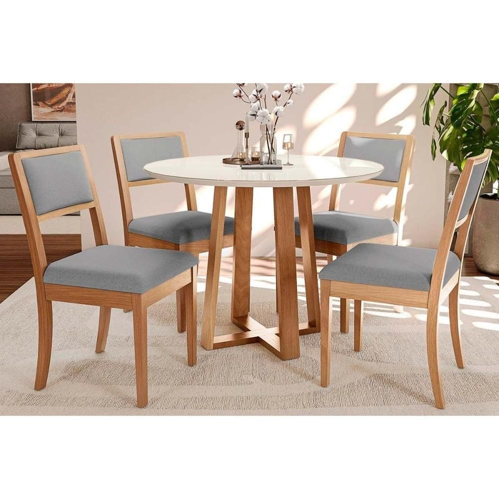 Conjunto: Mesa de Cozinha Duna Tampo Madeirado c/ Vidro 105x105cm e 4 Cadeiras Alice Carvalho/Off White/Vidro Off White - Linho Cin - Kappesberg