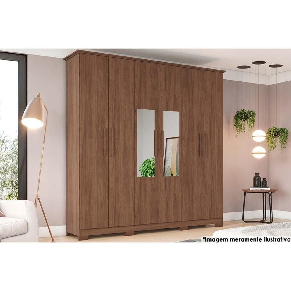 Guarda Roupa 6 Portas (2 c/ Espelho) e 3 Gavetas c/ Pés Cover Castanho - Henn