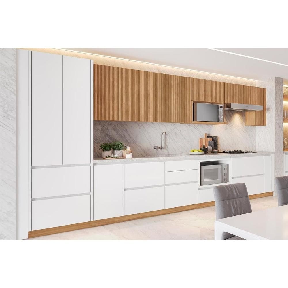 Cozinha Modulada Completa Rainha 19 Peças (5Aéreos+5Balcões+1Paneleiro+8Complementos) C6P76 Branca/Nature - Nesher