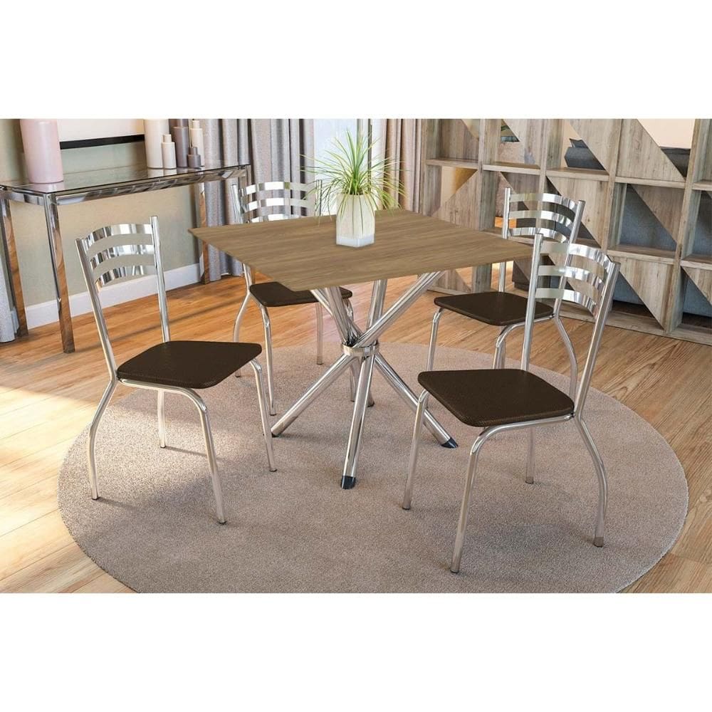 Conjunto: Mesa Sala Jantar Volga c/ Tampo de Madeira 90cm e 4 Cadeiras Portugal Cromada/Nogueira - Marrom - Kappesberg