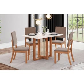Conjunto: Mesa Sala Jantar Natalí c/ Tampo Madeirado Reto s/ Vidro 120x80cm e 4 Cadeiras Milla Nature/Off White - Suede Marrom - Henn