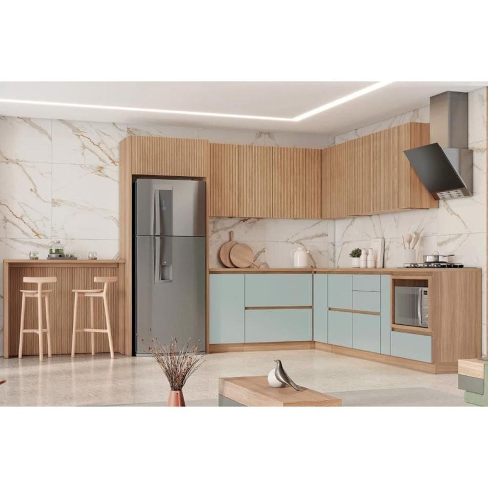 Cozinha Modulada Completa Rainha 21 Peças (6Aéreos+6Balcões+1Ilha+8Peças) C6P75 Nature/Verde - Nesher