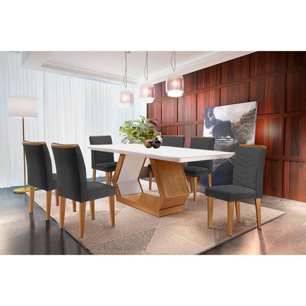 Conjunto: Mesa Sala Jantar Alvorada c/ Tampo Madeirado Canto Reto 180x90cm e 6 Cadeiras Londrina Imbuia/Off White - Linho Grafite - Rufato