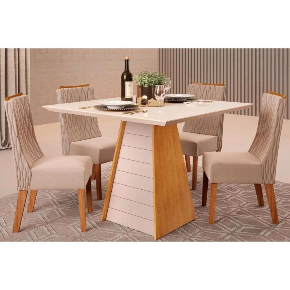 Conjunto: Mesa Sala Jantar Fler Tampo Madeirado c/ Vidro 90x90cm e 4 Cadeiras Jade Cedro/Off White - Suede Kraft - DJ Móveis