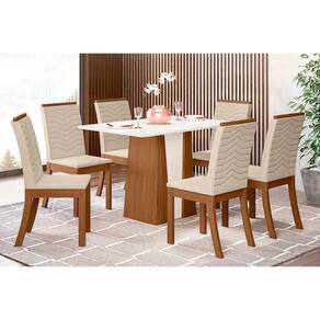 Conjunto: Mesa Sala Jantar Orus Tampo Madeirado 120x80cm e 6 Cadeiras Isa Nature/Off White - Linho Bege - Henn