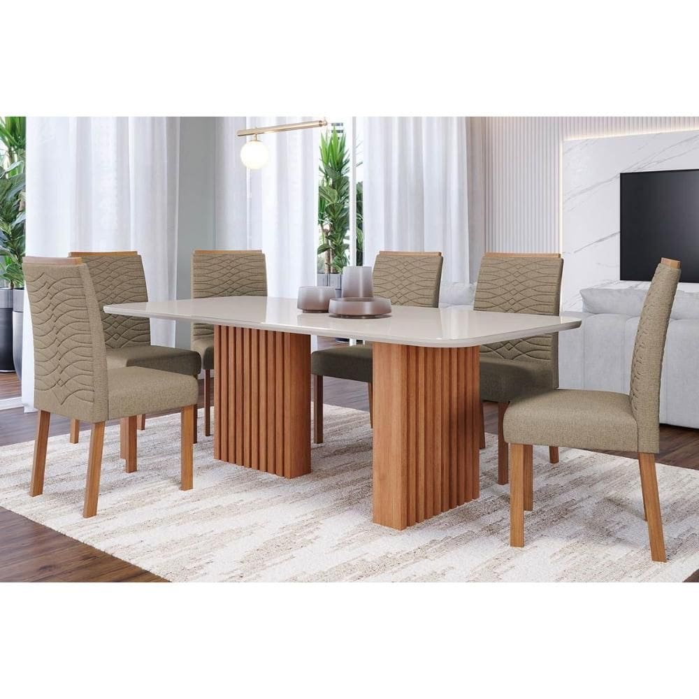 Conjunto: Mesa Sala Jantar Ester c/ Tampo Madeirado c/ Vidro 180x90cm e 6 Cadeiras Clarice Nature/Suede Joli Chocolate - Cimol