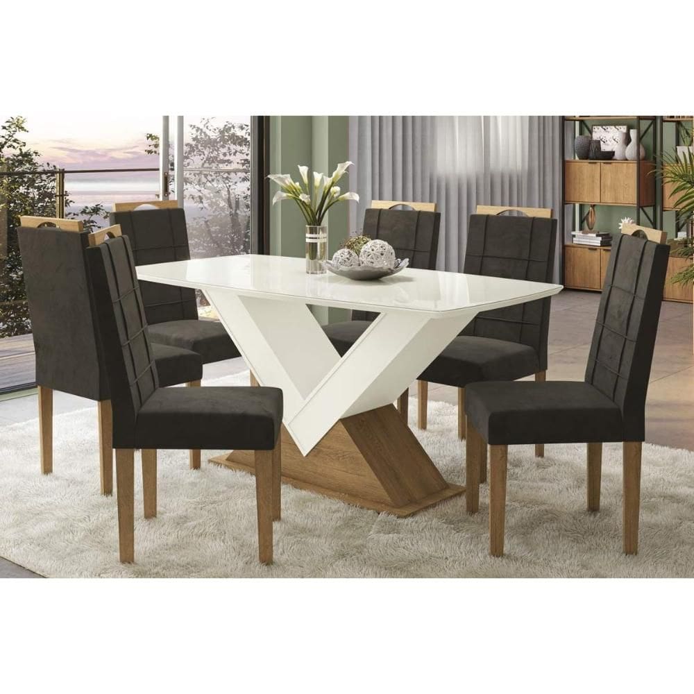 Sala de Jantar Completa Amora Tampo Madeirado c/ Vidro 90x170cm e 6 Cadeiras 2CAD150 Freijo/Off White/Vidro Off White - Eucalipto/V - Kappesberg