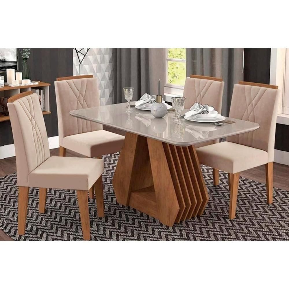 Conjunto: Mesa Sala Jantar Ágata Tampo Madeirado c/ Vidro 130X80 cm e 4 Cadeiras Nicole Savana-Nature/Off White -Suede Nude Bege - Cimol