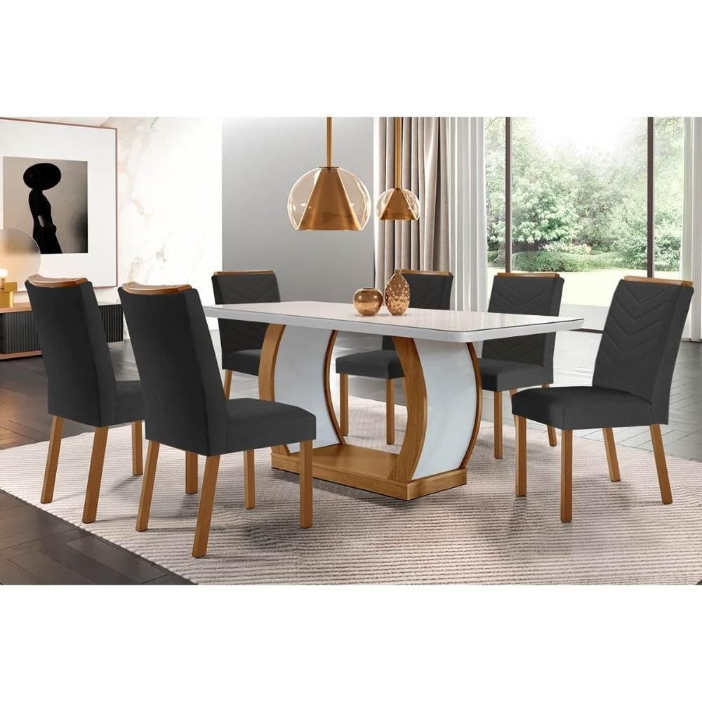 Conjunto: Mesa Sala Jantar Jade Tampo Madeirado c/ Vidro Canto Curvo 180x90 e 6 Cadeiras Londrina Imbuia/Off White - Suede Grafite - Rufato