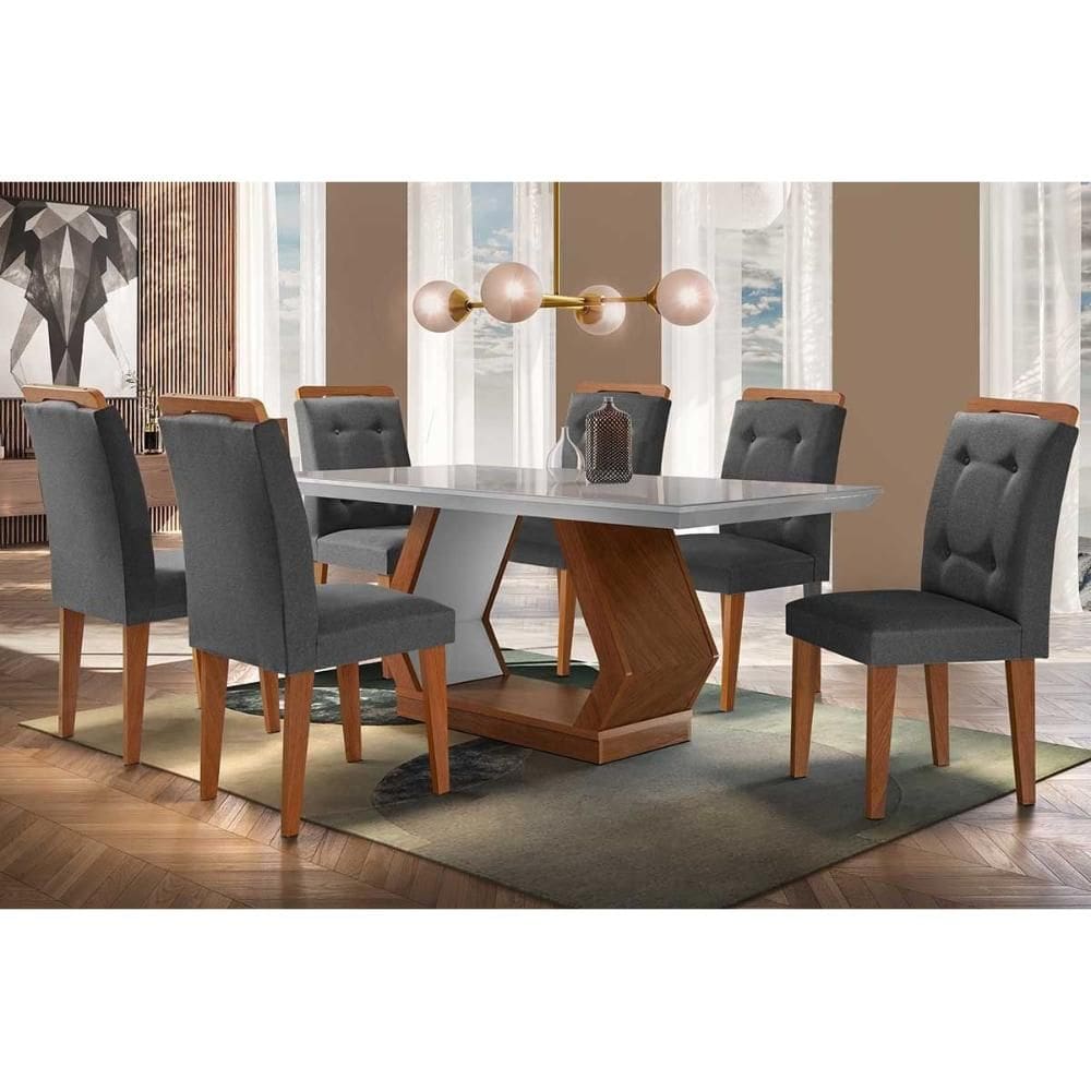Conjunto: Mesa Sala Jantar Alvorada Tampo Madeirado c/ Vidro Canto Reto 180x90cm e 6 Cadeiras Imperatriz Imbuia/Off White - Linho Grafite - Rufato