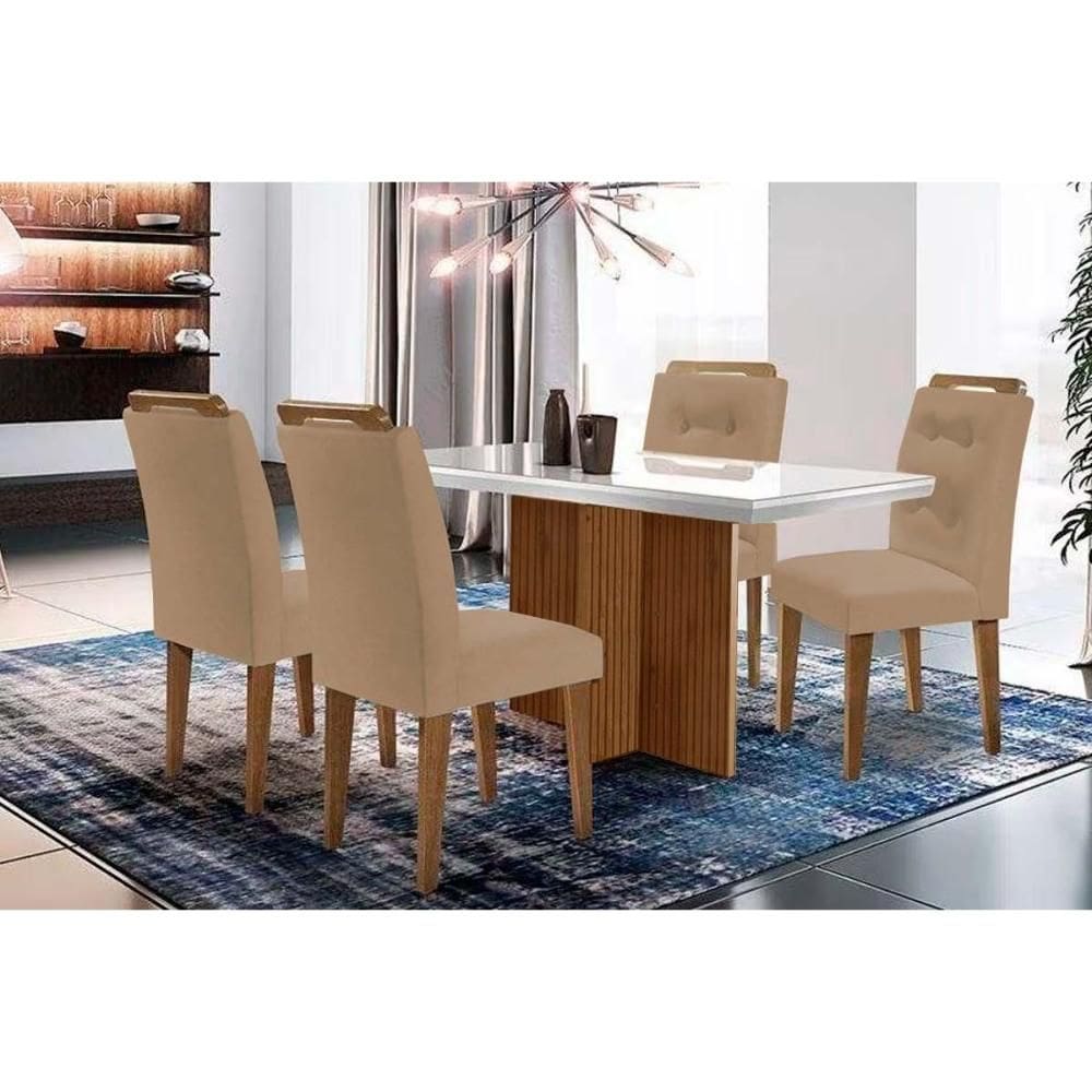 Conjunto: Mesa Sala Jantar Berlim c/ Tampo Madeirado c/ Vidro Canto Curvo 120x80cm e 4 Cadeiras Imperatriz Imbuia/Off White - Suede Capuccino - Rufato