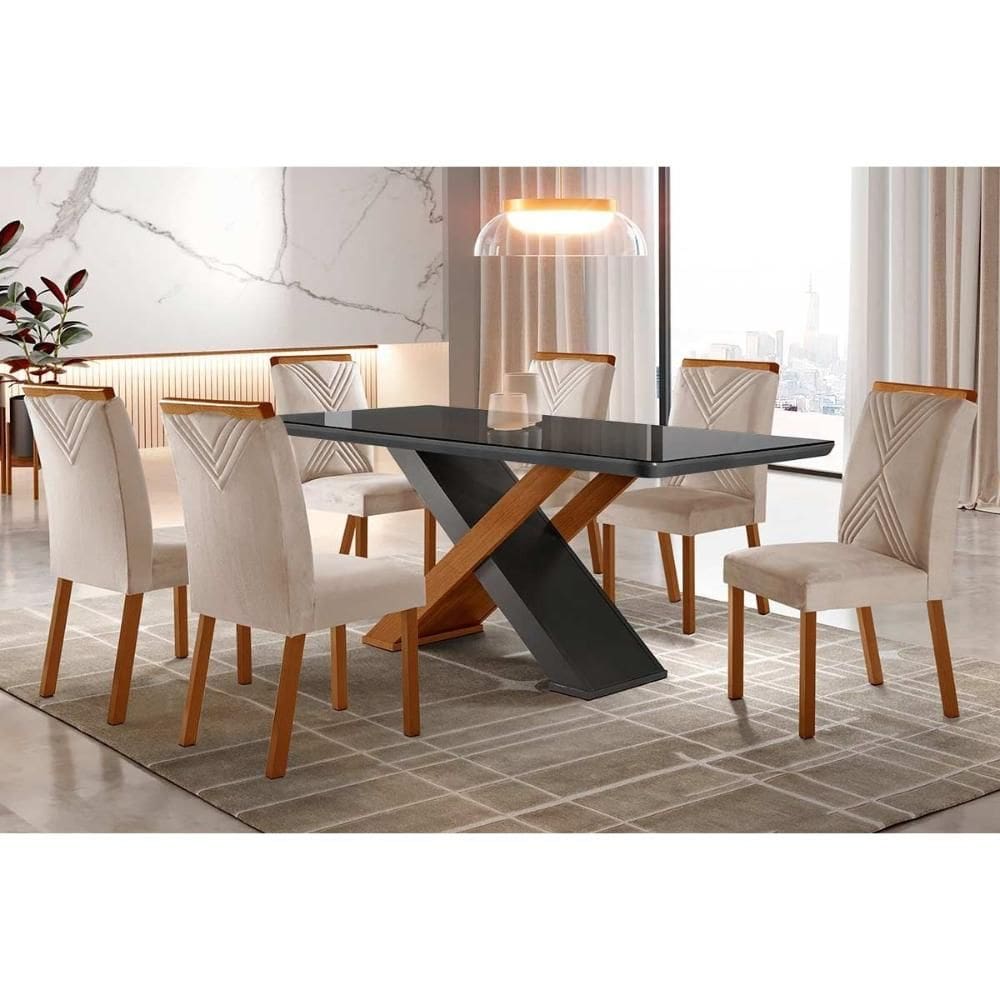 Conjunto: Mesa Sala Jantar Imperatriz Tampo Madeirado c/ Vidro Curvo 180x90 e 6 Cadeiras Amsterdã Imbuia/Suede Creme - Rufato