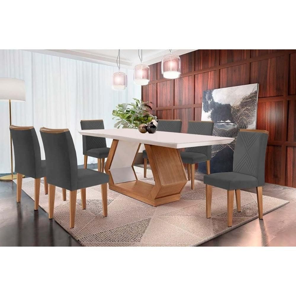 Conjunto: Mesa Sala Jantar Alvorada c/ Tampo Madeirado Canto Reto 180x90cm e 6 Cadeiras Amsterdã Imbuia/Off White - Suede Grafite - Rufato