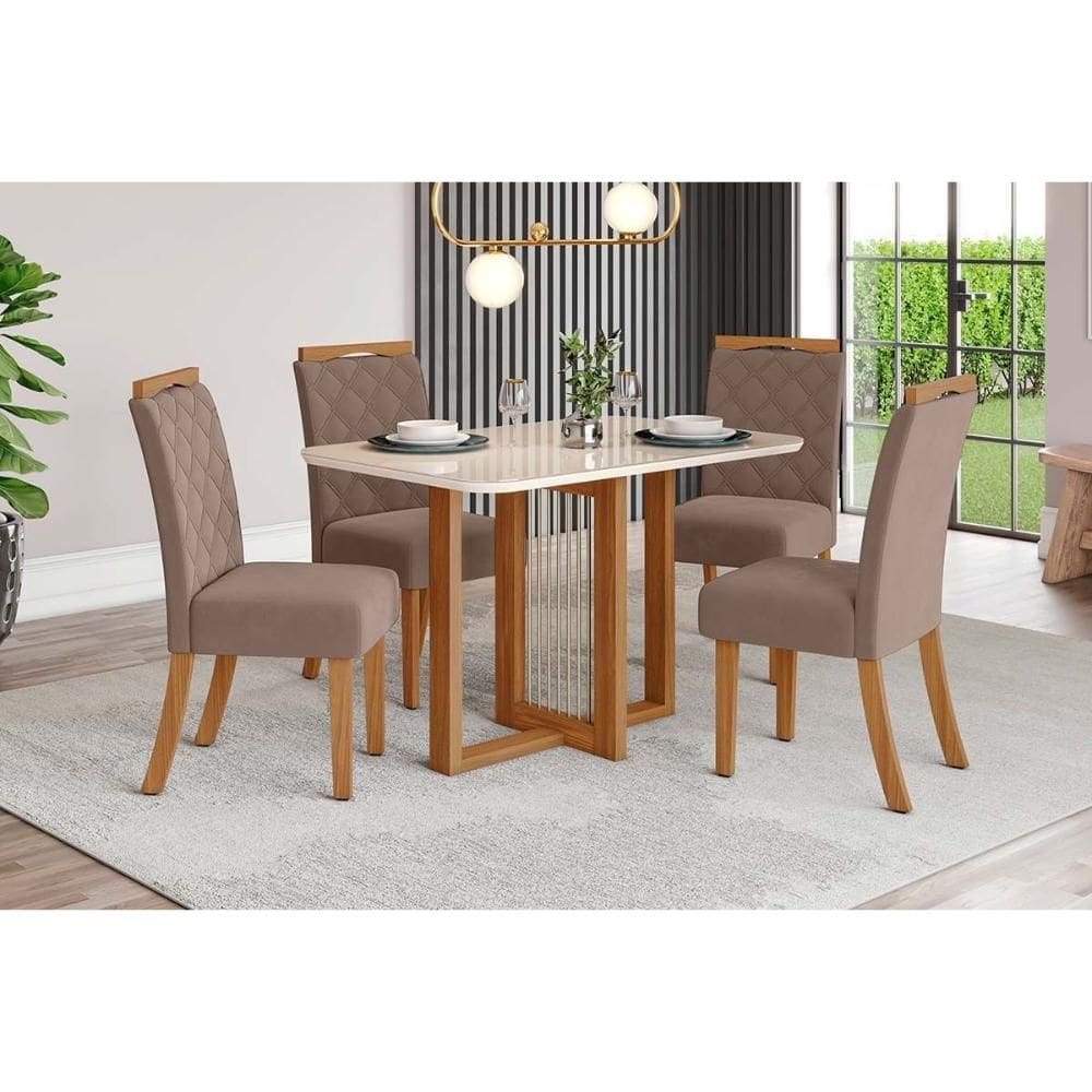 Conjunto: Mesa Sala Jantar Natalí c/ Tampo Madeirado c/ Vidro Curvo 120x80cm e 4 Cadeiras Bella Nature/Suede Light Marrom Amendoa - Henn