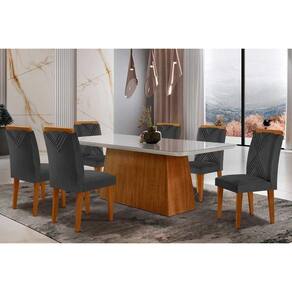 Conjunto: Mesa Sala Jantar Luna Tampo Madeirado c/ Vidro Canto Reto 180x90 e 6 Cadeiras Amsterdã Capuccino/Suede Grafite - Rufato