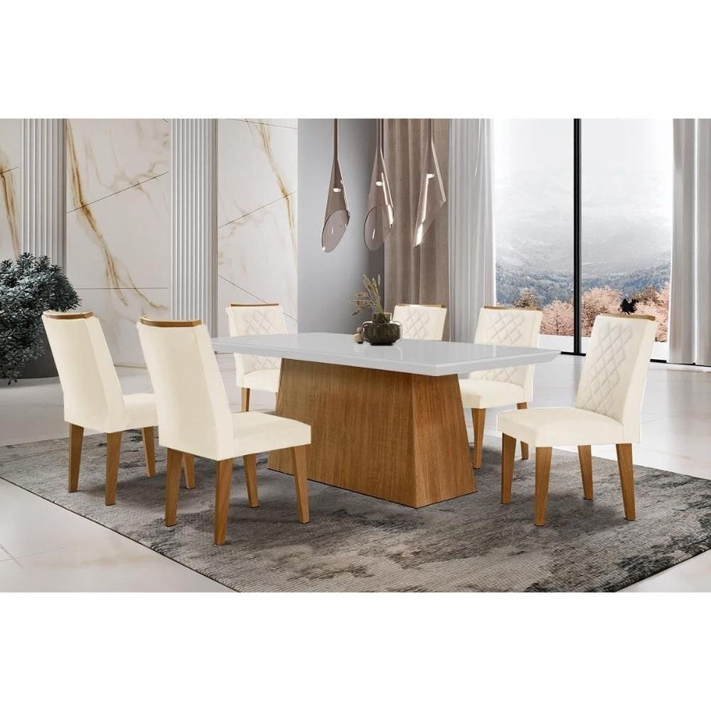 Conjunto: Mesa Sala Jantar Luna c/ Tampo de Vidro Canto Curvo 180x90cm e 6 cadeiras Jade Imbuia/Off White - Suede Creme - Rufato