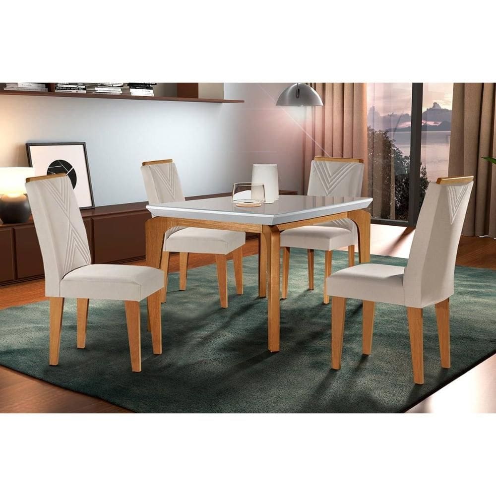 Conjunto: Mesa Sala Jantar Londrina c/ Tampo Madeirado c/ Vidro Canto Reto 120x80cm e 4 cadeiras Amsterdã Imbuia/Off White - Suede Creme - Rufato