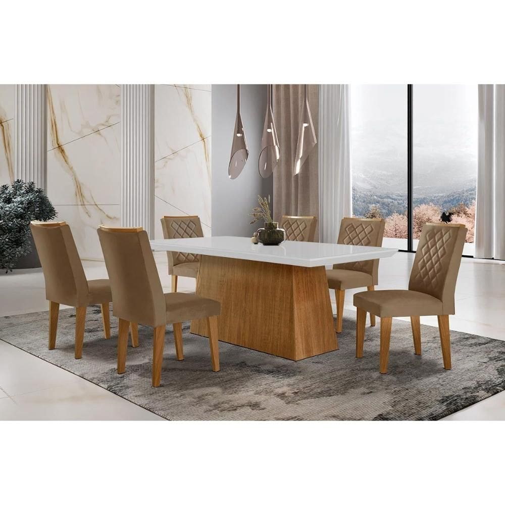 Conjunto: Mesa Sala Jantar Luna c/ Tampo de Vidro Canto Curvo 180x90cm e 6 cadeiras Jade Imbuia/Off White - Suede Capuccino - Rufato